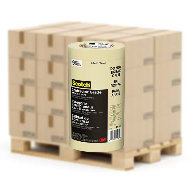 Pallet (2304‐Rolls) of .94” x 60 Yds 3M 2020‐24AP‐9 Scotch Tan Contractor Grade Masking Tape, 256 Contractor Packs