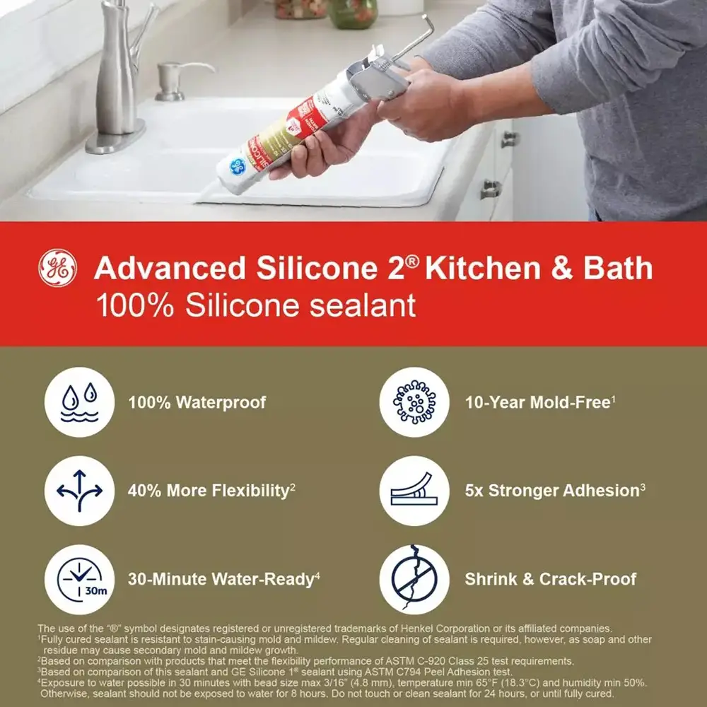 12 Pack of 10.1 Oz GE 2812565 White Silicone 2 Advanced Kitchen and Bath Sealant - Image 3