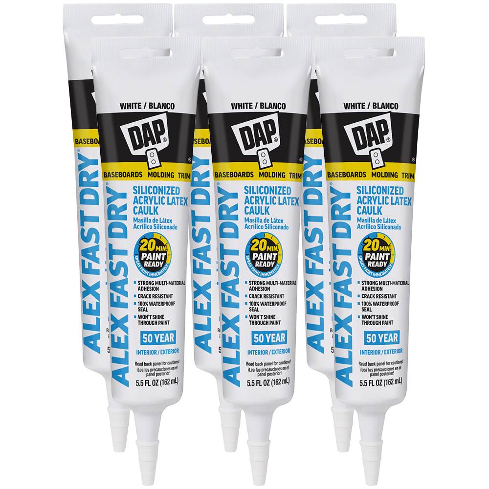 6-Pack of 5.5 Oz Dap 11425 White Alex Fast Dry Siliconized Acrylic Latex Caulk