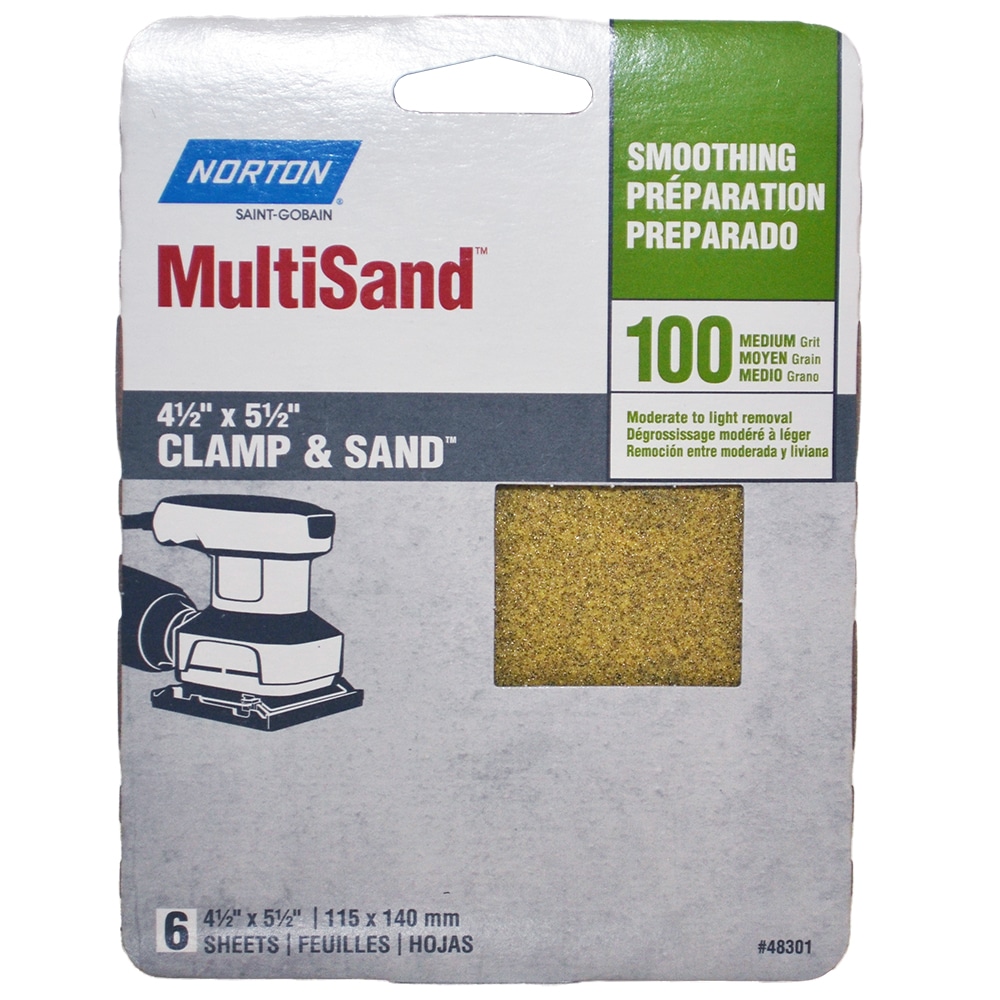 10-Pack of 4-1/2" x 5-1/2" Norton 48301 MultiSand Clamp & Sand Palm Sander Sheets, 100-Grit, Medium, 6-Sheets-Per-Pack (60 Sheets)