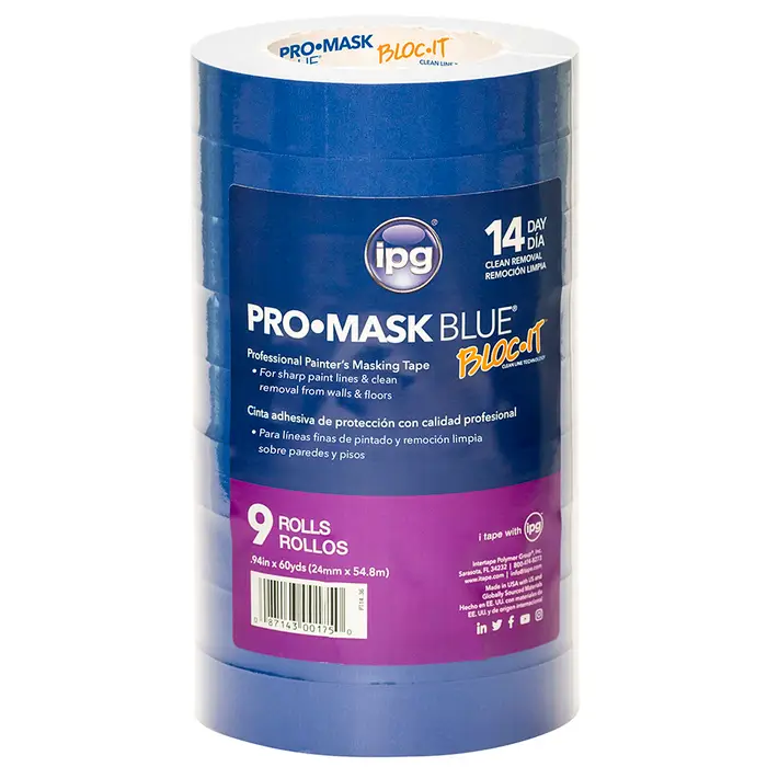 Pallet (2304‐Rolls) of .94” x 60 Yds Intertape PT14 ProMask Blue Masking Tape, 256 Contractor Packs