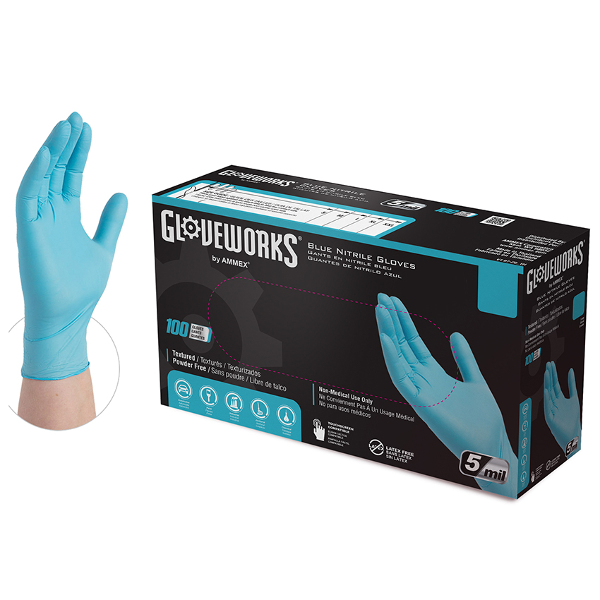 X-Large Ammex INPF48100 Blue Gloveworks Nitrile Industrial Latex Free Disposable Gloves, 5-Mil, 100-Pack
