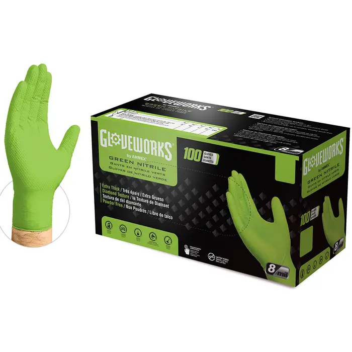 XX‐Large Ammex GWGN49100 Green Gloveworks Nitrile Industrial Latex Free Disposable Gloves, 8‐Mil, 100‐Pack